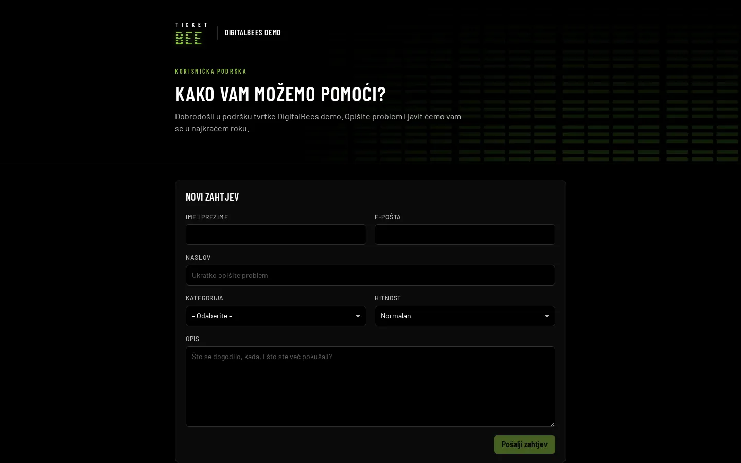 TicketBee: korisnički portal s obrascem za novi zahtjev